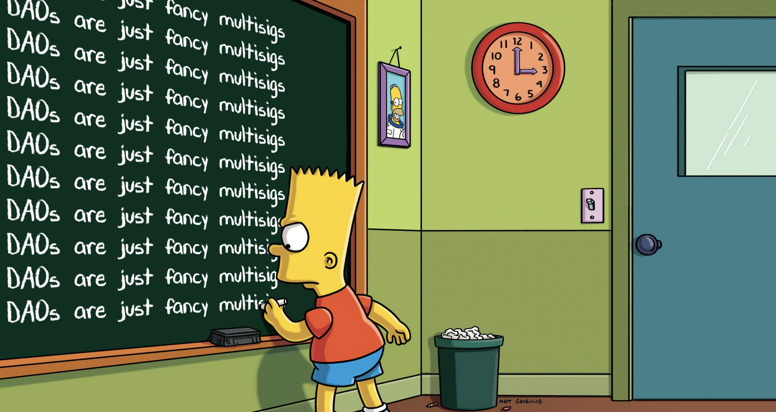 Bart Simpson writing "DAOs are just fancy multisigs".